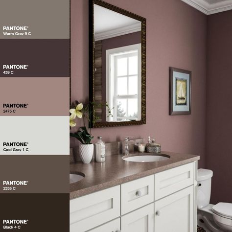 Mauve And White Bathroom, Mulberry Bathroom, Dark Plum Bathroom Ideas, Plum Bathroom Walls, Mauve Bathroom Vanity, Mauve Pink Bathroom, Mauve Restroom Ideas, Mauve Half Bath, Small Mauve Bathroom