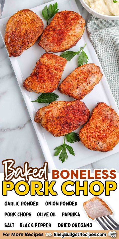 This Baked Boneless Pork Chops recipe is my easy, cheap, go-to-recipe for weeknight dinners. They’re tasty and ready in just thirty minutes! For more quick and easy dinner ideas follow easybudgetrecipes.com! Easy Boneless Pork Chop Recipes In Oven, Best Boneless Pork Chops, Porkchop Easy Meals, Simple Easy Pork Chop Recipes, Oven Roasted Boneless Pork Chops, Pork Loin Chops Recipes Boneless Baked, Boneless Pork Chop Recipes Crockpot Healthy, Easy Pork Loin Chops Recipes, Pork Chop Recipes No Bone