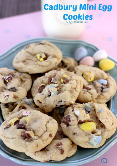 Cadbury Mini Egg Cookies. An Easter time favorite candy plus a chocolate chip cookie all in one! These Cadbury Mini Egg Cookies deserve to be devoured at all your spring celebrations! #easter #cookies  #cadburyeggs #eastercandy #chocolatechipcookies Cadbury Mini Egg Cookies, Mini Egg Cookies, Mini Eggs Cookies, Egg Cookies, Red Velvet Cheesecake, No Egg Cookies, Mini Egg, Tres Leches Cake, Easter Baking