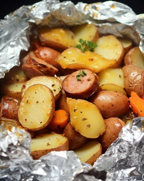 That dish got gobbled up in record time – not a trace remained Tin Foil Dinners, Cooktop Cove, Casserole Kitchen, Foil Packet Potatoes, Foil Packet Dinners, Foil Pack Meals, Foil Dinners, Foil Packet Meals, Potatoes And Carrots