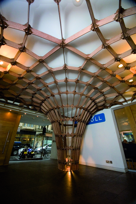 Gridshell structure displayed at Ramboll offices, London Gridshell Structure, Diagrid Structure, Column Decor, Shell Structure, Architecture Blueprints, Dome Structure, Timber Architecture, Green Facade, Bamboo Structure