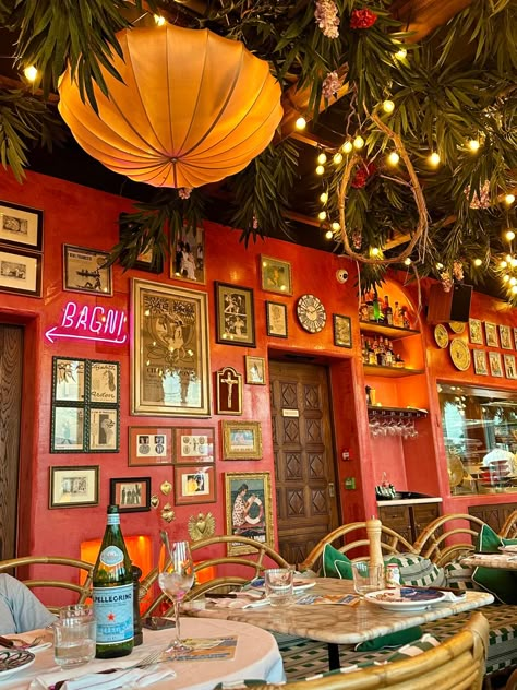 #restaurant #aesthetic #colorful #color #italian #vibes #frenchriviera Italian Themed Restaurant, Italian Bar Aesthetic, Old School Italian Aesthetic, Retro Italian Restaurant, Spanish Cafe Aesthetic, Vintage Italian Restaurant Aesthetic, Italian Disco Aesthetic, Funky Restaurant Design, Small Restaurant Aesthetic