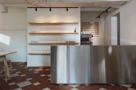 Joanna Laajisto designs The Way bar in Helsinki to reflect its organic menu Deli Design, Wine Bar Design, Steel Restaurant, Cafe Counter, Coffee Counter, Stainless Steel Counters, Cafe Shop Design, Coffee Shops Interior, Counter Design