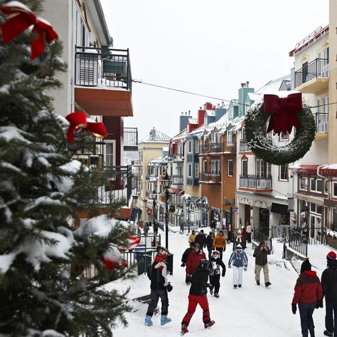 At Christmastime, Canada's pedestrian village Mont Tremblant turns into a winter wonderland, complete with skiing, tubing, dogsledding, and horse-drawn sleighs. Toufou, the town mascot, greets visitors who come for events such as the holiday parade, Lumberjack Day, concerts and entertainment from the Grelot Family elves, and generational storytelling on Legends Day. Vernon Canada, Tremblant Quebec, Quebec Winter, Christmas Towns, Ski Village, Holiday Parades, Ski Cabin, Mont Tremblant, Christmas Destinations