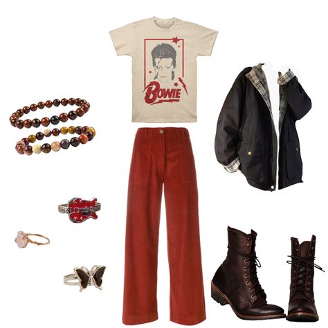 Fashion inspo w/ bowie tshirt.. vintage inspo ? Bowie Tshirt, Red Outfit, Fashion Inspo, Red, T Shirt