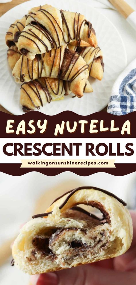 Here's a simple sweet even picky eaters will enjoy! This easy dessert recipe is ready in under 20 minutes. Filled with creamy hazelnut spread, these flaky Nutella Crescent Rolls are full of flavor! Crescent Roll Nutella Recipes, Crescent Dough Sheet Recipes, Nutella Crescent Rolls, Crescent Roll Apple Dumplings, Crescent Roll Dessert, Crescent Dough Sheet, Nutella Recipes Easy, Crescent Roll Pizza, Nutella Desserts