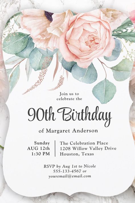 Pink and Beige Watercolor Floral 90th Birthday Invitation 90th Invitation Birthday, 90th Bday Invitation, Pink And Green Birthday Invitations, Grandmas Birthday Party, 90th Birthday Invitations, 7+ Minimalist Floral Birthday Invitation Templates, 90's Birthday Party, Grandma Birthday, Watercolor Poppies