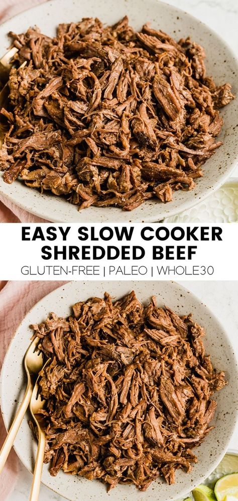 This easy shredded beef is perfect for simply prepping shredded beef for tacos, hashes, and more! It’s made with minimal ingredients in the instant pot or the slow cooker. Paleo Shredded Beef, Crockpot Shredded Beef Recipes, Chuck Roast Shredded Beef, Shredded Beef Crock Pot, Shredded Beef Bowls, Shredded Beef Slow Cooker, Shredded Beef Tacos Crockpot, Shredded Roast Beef, Shredded Beef For Tacos