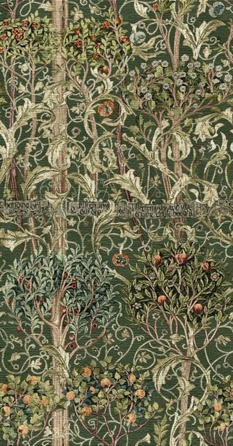 Magnificent medieval style tapestry by William Morris "Orchard".  Artist William Morris turned to Medieval art for inspiration. He managed to learn how to develop designs and make tapestries that have all the characteristics of the late Middle Ages: depth of color, richness of colors, subtlety of transitions of shades, relief and abundance of beautiful patterns, including in the medieval technique of "thousands of flowers". The tapestry is made on a jacquard loom, it is woven from many threads. Tapestry Wallpaper, Medieval Pattern, Tapestry Curtains, William Morris Patterns, Tapestry Nature, Forest Tapestry, Medieval Tapestry, Jacquard Loom, Late Middle Ages