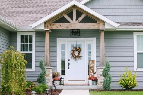 Add Front Porch To Mobile Home, Front Door Addition Entrance, Raised Ranch Front Porch, Front Porch On Ranch Style House, 70s Ranch Exterior Remodel, Front Of House Makeover, Front Porch Renovation, Craftsman Front Porch, Front Porch Remodel