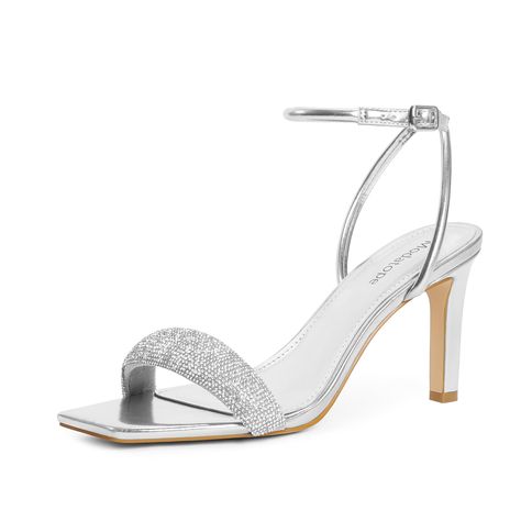 PRICES MAY VARY. [👠Silver Heels for Women]：Womens rhinestone high heels, simple and fashion design in summer. the heel height is about 8cm(3.15 inch). [👠Classic Design]：Open square toe and stylish design, which will keep you chic and charming at all times. [👗Comfortable To Wear]: Adjustable ankle strap heels are convenient for women to wear, soft padded insole and anti-slip rubber outsole will give you sturdy and comfortable wearing experience. [👗Match All Occasions]:The strappy silver rhine Silver Shoes For Prom, Prom Shoes Silver, Silver Rhinestone Heels, Silver Strappy Sandals, Trendy Shoes Sneakers, Rhinestone High Heels, Ankle Strap Sandals Heels, Strappy High Heels, Heels For Women