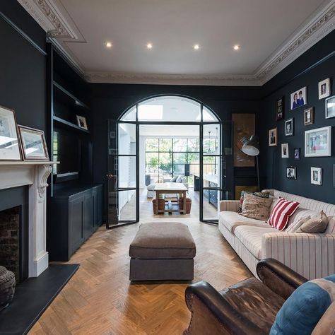 We adore the internal Crittall style doors that break up this home and let you see all the way out to the garden, leading to more windows. They work so well with the period features and let light flood into this lounge, whilst still looking warm and inviting. Kitchen by Blakes London and construction by Mascot Bespoke. #loverenovate #renovation #renovating #toptips #interiorlover #renovate #renovatingyourhome #renovatingonabudget #ourrenovationproject #internalrenovation 1930s House Renovation, Victorian House Interiors, Victorian Living Room, Dark Living Rooms, 1930s House, Edwardian House, House Extension Design, Cosy Living Room, Lounge Design