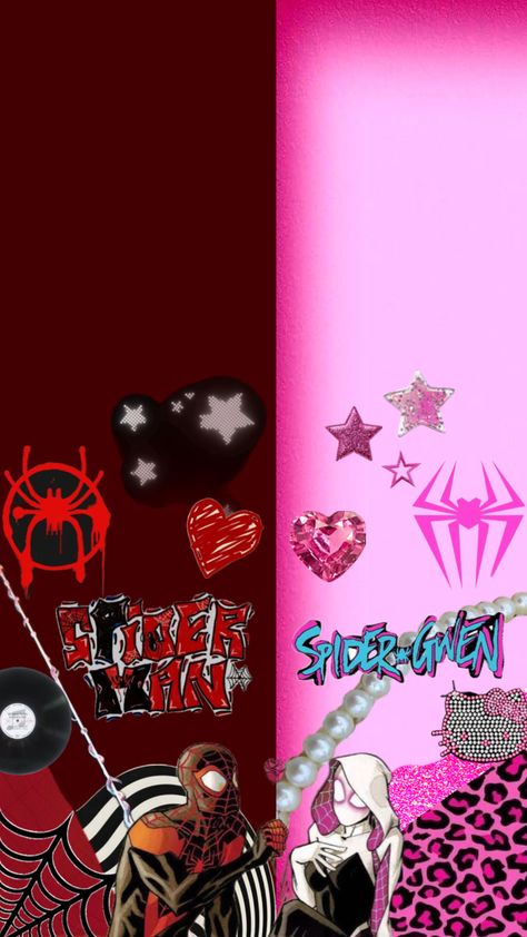 Matching Spider Verse Wallpaper, Spider Man And Gwen Wallpaper, Spider Man Couple Wallpaper, Miles Gwen Wallpaper, Matching Spider Man Wallpaper, Couple Wallpaper Matching Aesthetic Iphone, Wallpaper Spiderman Couple, Spiderman Miles Morales And Gwen, Matching Spiderman Wallpaper