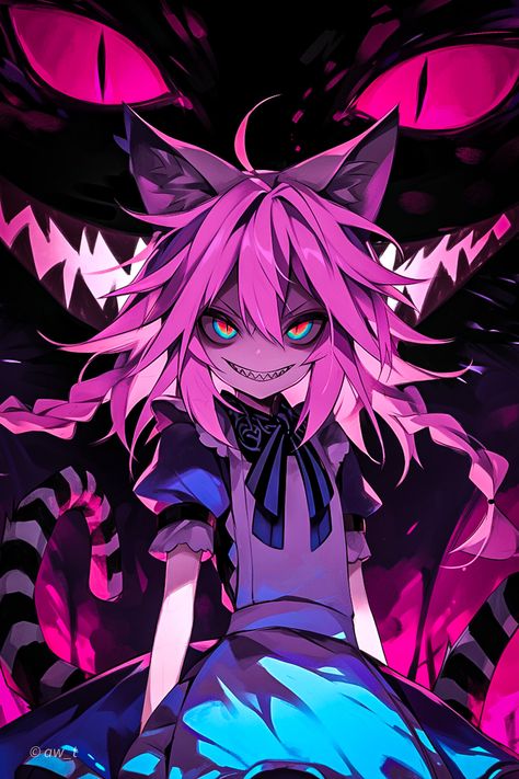 A striking illustration featuring a cat-girl with pink hair and piercing eyes, flanked by the menacing silhouette of the Cheshire Cat with glowing pink eyes and a sharp-toothed grin. The vibrant colors and eerie atmosphere create a captivating blend of fantasy and mystery, highlighting the cat-girl's enigmatic presence. Female Cheshire Cat, Glowing Pink Eyes, Dnd Moodboard, Cheshire Cat Halloween, Kitty Cheshire, Piercing Eyes, The Cheshire Cat, Girl With Pink Hair, Witch Aesthetic