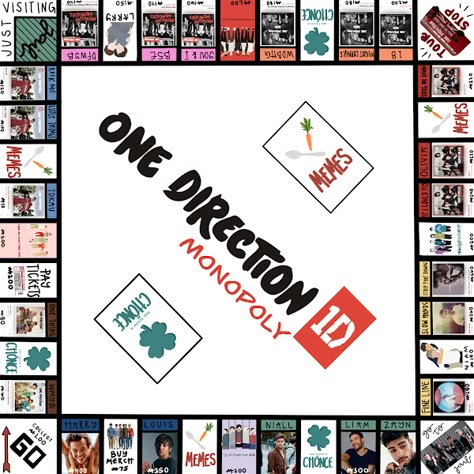 1D Monopoly One Direction Monopoly Diy, One Direction Monopoly, One Direction Party, Monopoly Cards, Monopoly Board, What Makes You Beautiful, Music Stickers, Best Song Ever, Diy Games