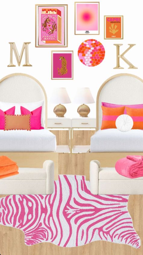 Pink And Orange Dorm Decor, Dorm Inspiration Pink, Southern Dorm Room Ideas, Lsu Dorm Room Ideas, Cute Dorm Room Ideas Colleges, Dorm Room Designs Pink, Hot Pink Dorm Room, Pink And Gold Dorm Room, Dorm Room Ideas Preppy