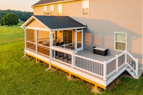 Deck With Screened In Roof - Avondale, PA - Integrous Fences and Decks Back Deck Partially Covered, Add On Deck Ideas, Screened In Porch And Deck Ideas, Side Deck Ideas, Covered Deck Off Back Of House, Deck Screened In Porch, House With Roof Deck, Covered Deck Designs, Timbertech Decking