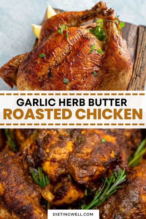 Elevate your dinner game with a mouthwatering twist - Garlic Herb Butter Roasted Chicken! 🌿🧄 Juicy and tender, this dish is a crowd-pleaser. The combination of savory garlic and aromatic herbs creates a delightful explosion of flavors. Ready to impress your guests? Give it a go! #RoastedChickenRecipe #FlavorfulDelights #CookingInStyle Roast Chicken Tenders, Butter Roasted Chicken, Whole Baked Chicken, Garlic Herb Chicken, Garlic Spread, Sweet Potato Black Beans, Garlic Herb Butter, Herb Roasted Chicken, Oven Roasted Chicken