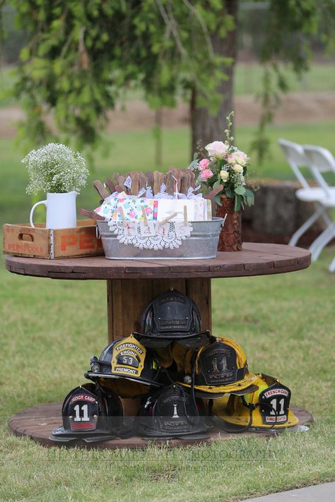 Firefighter wedding with rustic pink flair :) THIS IS WHAT I WANNNT!!!!!! @mrspettee2013  @p96637 Fireman Wedding Ideas, Firefighter Wedding Ideas, Firefighter Wedding Photos, Firefighter Wedding Cakes, Wedding Ideas Decoration, Fireman Wedding, Wedding Themes Ideas, Grooms Table, Firefighter Wedding