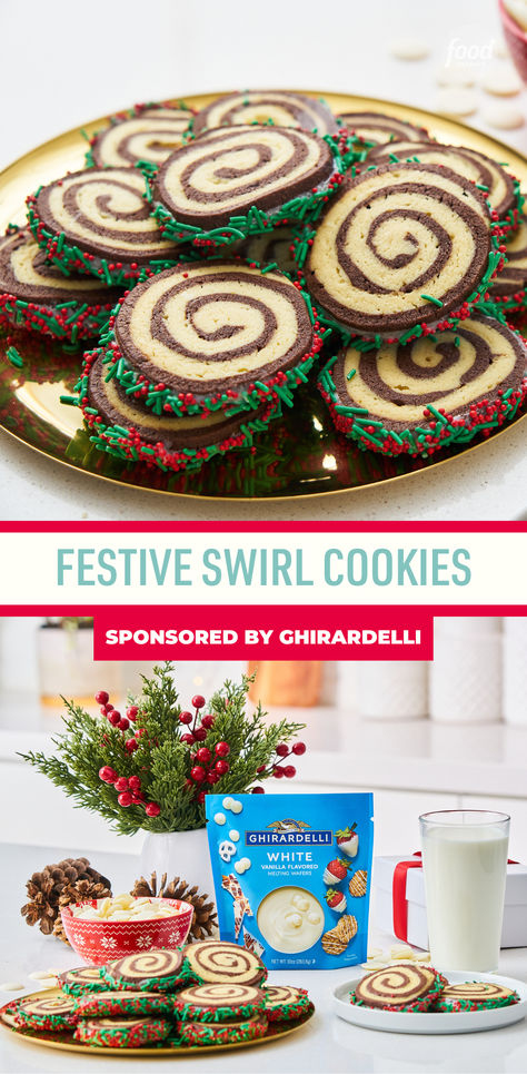 These Festive Swirl Cookies are sliced, baked and dipped cookie perfection! 😍 Sponsored by Ghirardelli. Swirl Desserts, Christmas Recipes Baking, Christmas Cookie Exchange Ideas, Fun Christmas Treats, Cookie Perfection, Melted Candy, Swirl Cookies, Baking Projects, Baking Christmas