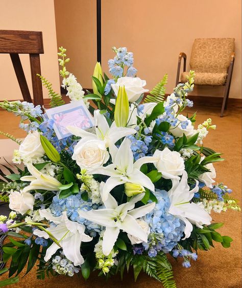 Playa blanca white rose, blue hydrangea, white oriental lily, and light blue delphinium sympathy arrangement. 🩵🤍 Blue Sympathy Flowers, Hydrangea And Rose Arrangement, Flower Arrangement Hydrangeas, Blue White Flower Arrangements, Blue Delphinium Wedding, Beachy Flowers, Light Blue Delphinium, Blue Flower Arrangements, Hydrangea Flower Arrangements