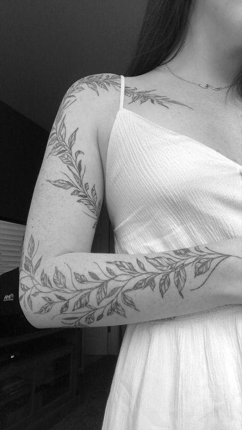 Vine Tattoos Arm Sleeve, Vine Tattoo Up Arm, Lead Vine Tattoo, Foliage Half Sleeve Tattoo, Fairy And Vines Tattoo, Flower Vines Tattoo Arm, Shoulder Tattoos For Women Vines, Full Sleeve Vine Tattoo, Freehand Vine Tattoo