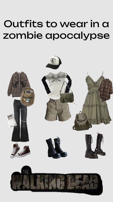 Which one would you wear #thewalkingdead #walkingdead #outfitinspo #vibes #outfit #zombie Apocalypse Outfit Aesthetic, Zombie Apocalypse Outfits, Apocalypse Outfit, Zombie Apocalypse Outfit, Vibes Outfit, Zombie Survival, Outfit Aesthetic, Zombie Apocalypse, Aesthetic Outfits