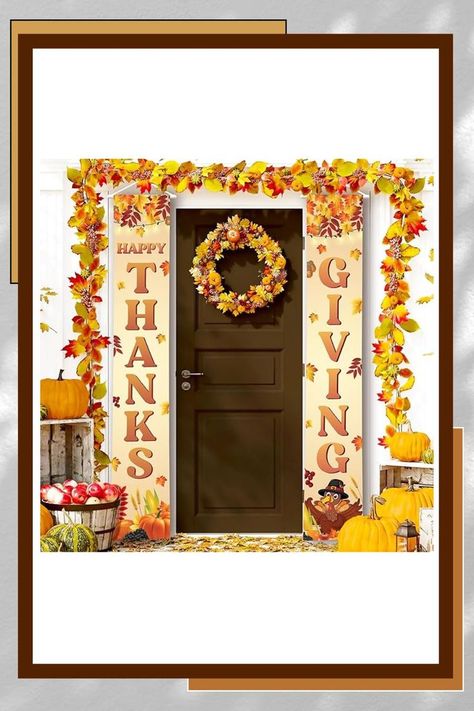 Happy Thanksgiving with Pumpkin Door BannerXTRALARGE 72x12 INCH | UNIQUE DESIGN : Elevate your Thanksgiving decor with our thanksgiving door banner which has Thanks Giving written vertical each size of 72x12 inch. This eye-catching xtralarge thanksgiving backdrop is the ideal addition to your festivities, setting a joyful tone for your Thanksgiving porch door banner as thanksgiving porch sign. Make your Thanksgiving party decorations extra special with design patterns of turkey, pumpkin, etc. Front Door Fall Decorations, Fall Decorations Outdoor, Thanksgiving Backdrop, Thanksgiving Door Decorations, Thanksgiving Porch, Thanksgiving Garland, Thanksgiving Party Decorations, Turkey Pumpkin, Thanksgiving Banner