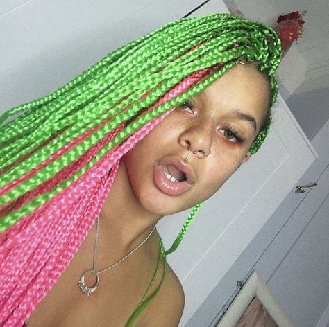 Braids Green, Green And Pink Braids, Pink And Green Box Braids, Pink And Green Braids, Rainbow Braids, Natural Hair Extensions, Teal Hair, Goddess Braids Hairstyles, Short Braids