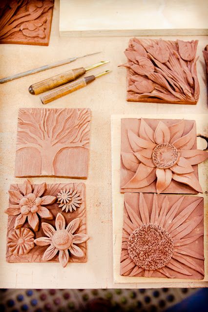 Mudworks Pottery: New Wall Plaques - flowers, flowers, flowers-- great idea using carving and applique techiniques to created 3D nature inspired tiles Ceramic Wall Art, Slab Pottery, Relief Sculpture, Clay Tiles, Functional Pottery, Pottery Classes, Ceramics Projects, Clay Flowers, Pottery Designs