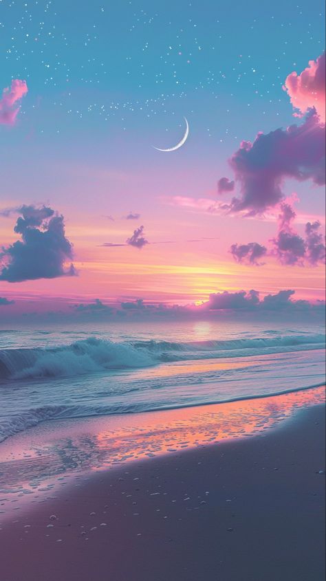 Immerse your phone in the tranquil beauty of a pastel sunset at the beach. This minimalist art style wallpaper features a colorful sky with a gentle crescent moon and twinkling stars, harmonizing with the soft lapping of beautiful waves. Crafted in high resolution to capture every serene detail, this aesthetic background is perfect for bringing a peaceful sunset vibe to your daily routine. #PastelBeach #MinimalistArt #SunsetWallpaper #AestheticBackground Peace And Tranquility Pictures, Dreamy Sunset Aesthetic, Serene Wallpaper Iphone, Sunset Aesthetic Pastel, Pastel Sunset Wallpaper, Beautiful Backgrounds For Phones, Cute Sunset Wallpaper, Pastel Colour Wallpaper, Colourful Aesthetic Wallpaper