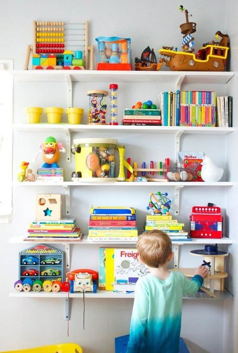 Sam & Lars' Happy Hand-Me-Down Room Kids Room Shelves, Playroom Shelves, Girls Playroom, Toy Shelves, Room Shelves, Toy Rooms, Kids Room Design, Book Shelf, Kids Playroom