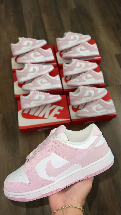 Pink Corduroy Dunks, Light Pink Nike Dunks, Pink Trainers Aesthetic, All Pink Dunks, Nike Dunk Low Pink Corduroy, Cute Pink Sneakers For Streetwear, Pink Corduroy, Pretty Sneakers, Pink Nike