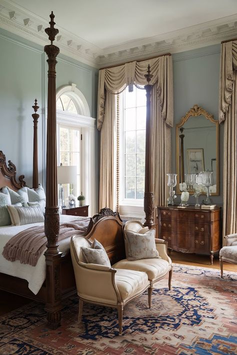 A four-poster bed with carved details sits at the center of this timeless bedroom, surrounded by pale blue walls. Elegant drapes frame tall windows, allowing morning light to flood in. An ornate mirror hangs above a wooden dresser, reflecting the soft glow from a pair of glass lamps. Plush bedding and a Persian rug complete the refined look. Rice Bed Bedroom Decor, Modern Traditional Bedroom Master Suite, Bedroom With Seating Area Master, Castlecore Bedroom, Tall Ceiling Bedroom, Romantic Master Bedrooms Decor, Tall Ceilings Bedroom, Married Bedroom Ideas, Bed Inspo Aesthetic