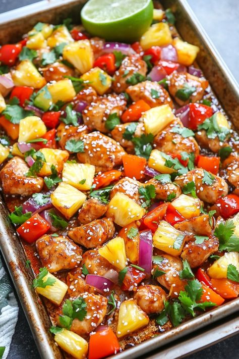 Hawaiian Chicken Sheet Pan is a delicious, all-in-one meal that brings the exotic tastes of Hawaii to your kitchen. Hawaiian Chicken Meal Prep, Hawaiian Chicken For A Crowd, Sheet Pan Bowls, Aloha Chicken Casserole, Cabin Food Ideas Meals Families, Hawaiian Chicken Freezer Meal, Hawaiian Sausage And Pineapple, Sheet Pan Teriyaki Chicken And Pineapple, Hawaiian Sheet Pan Dinner