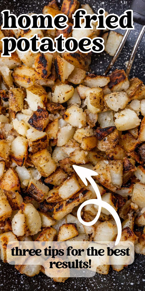 closeup of fried potatoes in a skillet Boiled And Fried Potatoes, Seasoned Fried Potatoes, Home Fry Potatoes, Fried Potatoes In Cast Iron Skillet, The Best Breakfast Potatoes, Easy Fast Potato Recipes, Smothered Fried Potatoes, Breakfast Fried Potatoes, Best Fried Potatoes Recipes