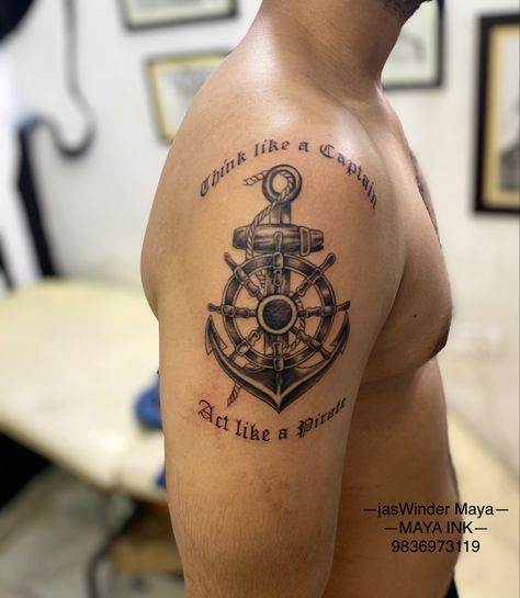 " Think like a Captain Act like a Pirate" Anchor tattoo⚓️ Call 9836973119 for appointments. #anchortattoo #shipwheeltattoo #tattoos #tattoo #tattoos #kolkatatattooparlour #tattooartist #besttattooartist #kolkatatattoostudio #kolkata #india #art #dynamicink #artist #jaswindermaya #kolkatatattooartist #realistictattoo #tattooart #tattoomagazine #besttattooideas #forearmtattoos Anchor And Wheel Tattoo, Pirate Anchor Tattoo, Ship Wheel Tattoo, Pirate Anchor, Nautical Tattoo Sleeve, Wheel Tattoo, Knot Tattoo, Nautical Tattoo, Anchor Tattoo