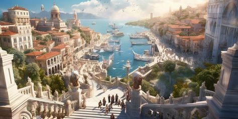 Ancient Egyptian Cities, Gardens Of Babylon, Fantasy Town, Rpg Map, Fantasy City, Fantasy Castle, Fantasy Setting, Fantasy Places, Futuristic City