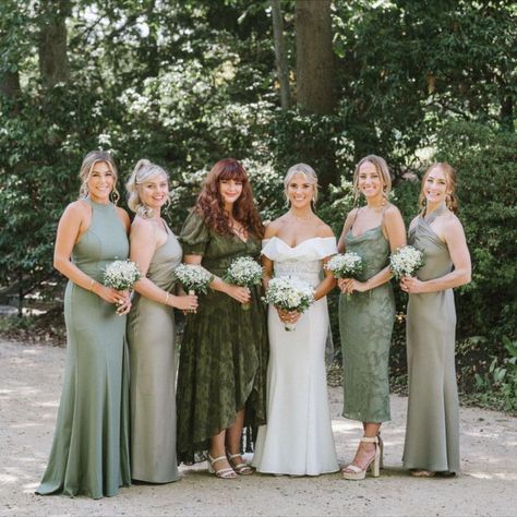 NJ-green-boho-bridesmaid-dresses-mix-and-match-waterwitch-club-photos Mixed Green Bridesmaid Dresses, Bridesmaid Dresses Mix And Match, Eucalyptus Green Wedding, Charcoal Grey Bridesmaid Dresses, Mismatched Green Bridesmaid Dresses, Mixed Bridesmaid Dresses, Different Bridesmaid Dresses, Mix Match Bridesmaids, Water Witch