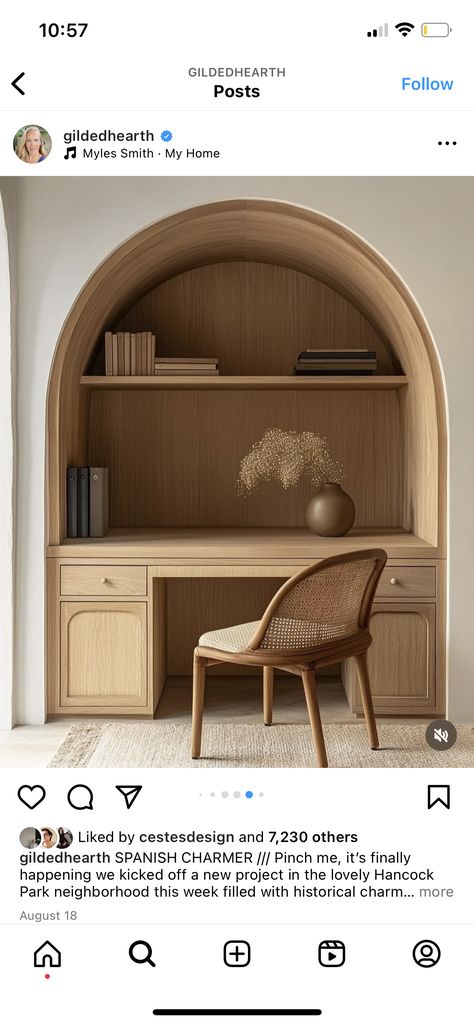 Arch Desk, Alcove Desk, Tiny Kitchens, Office Inspo, Built In Desk, Tiny Kitchen, Built In Shelves, Home Reno, Built Ins