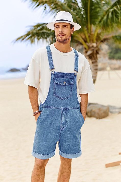 Made of high quality dungaree fabric, super soft, breathable and sweat-absorbent, keep you cool and relaxed all the time especially in hot summer. Sleeveless one piece bib overall with adjustable strap, comfortable relaxed fit. #men #denim #cotton #summer #bib #overall_shorts Short Dungarees Outfit Men, Dungarees Outfit Men, Mens Overalls Outfits, Mens Overalls Shorts, Overalls Outfit Men, Overall Shorts Outfit, Rtw 2023, Relaxed Fit Men, Dungaree Outfit