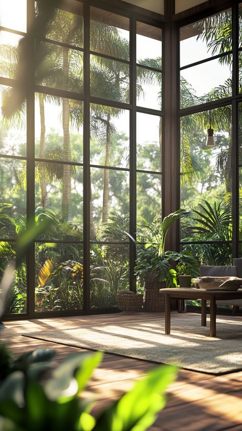 Beautiful Tropical Home with Large Windows Overlooking Lush Gardens Big Window With Plants, Dream House Nature Big Windows, Tropical Jungle Aesthetic Room, Home With Large Windows, Bedroom Big Windows City, Big Window Bedroom City, Tropical Home, Big Windows, Tropical Houses