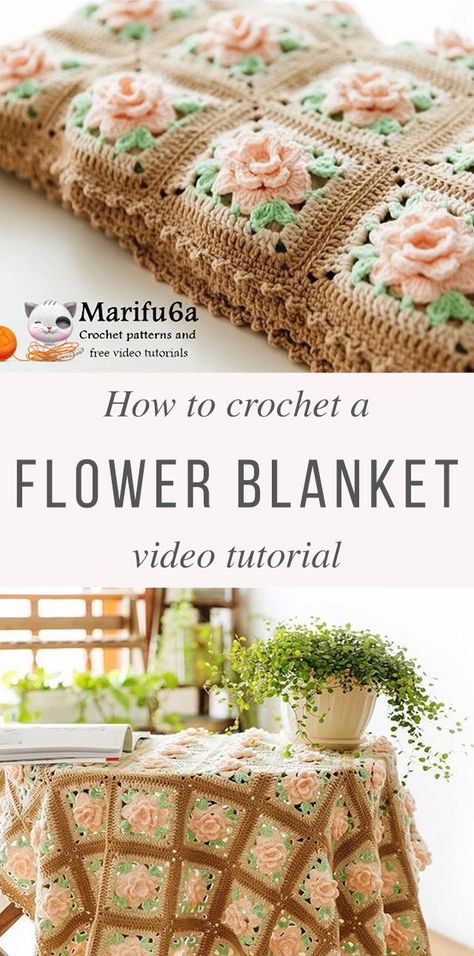 Large Granny Square Blanket Pattern Free Crochet, Crochet Patterns With Video Tutorials, Crocheted Flower Blanket, Crazy Crochet Blanket, Crochet Flower Granny Square Blanket, Single Color Granny Square, Rose Granny Square Pattern Free, Pretty Granny Squares, Floral Granny Square Crochet