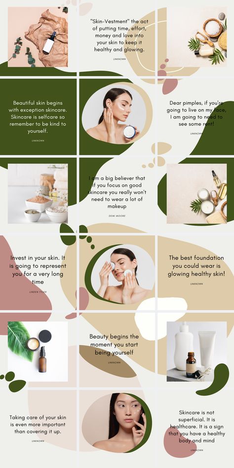 An Instagram Puzzle Template focused on Skincare, Health & Beauty. Promoting Products Ideas, Beauty Instagram Template, Instagram Professional Account Ideas, Product Instagram Feed, Beauty Instagram Feed, Skincare Instagram Feed, Instagram Post Layout, Professional Instagram Feed, Instagram Template Aesthetic