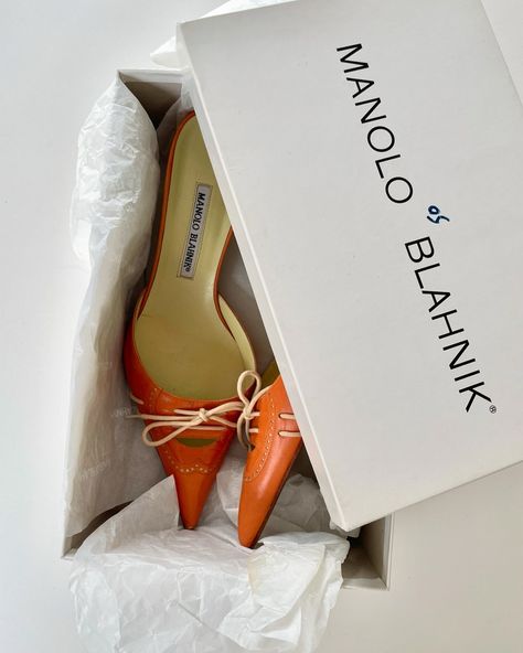 Vintage designer shoes in a box with lace details Manolo Blahnik Carrie, Vintage Manolo Blahnik, Manolo Blahnik Mules, City Outfit, Manolo Blahnik Heels, Colorful Heels, Fall 24, City Outfits, Heel Mules