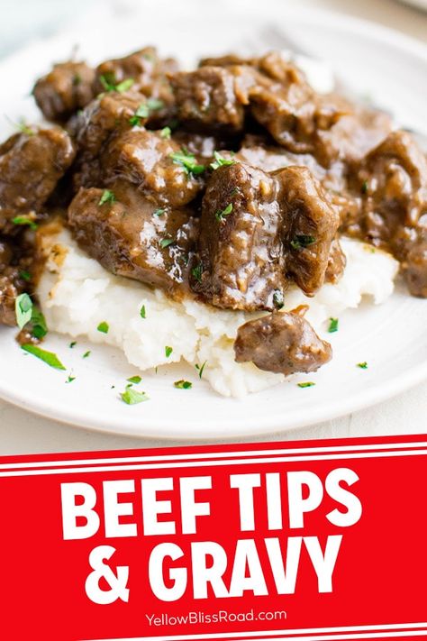 Beef Tips and Gravy is classic comfort food, with chunks of tender beef in a rich brown gravy. Serve over mashed potatoes, rice or noodles. Beef Tips And Gravy Recipe, Ms Recipes, Over Mashed Potatoes, Beef Tips And Gravy, Honey Roasted Carrots, Tenderloin Roast, Cheesy Mashed Potatoes, Buttered Noodles, Beef Sirloin