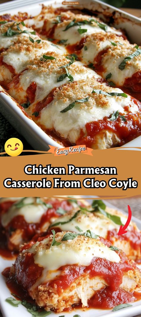 This Chicken Parmesan Casserole, inspired by Cleo Coyle, combines the classic flavors of Chicken Parmesan in an easy-to-serve casserole form. Layers of crispy breaded chicken, marinara sauce, and heaps of melted mozzarella and Parmesan make this dish a comforting, family-friendly feast. #ChickenParmesanCasserole #FamilyDinner #CasseroleRecipes Chicken Marinara Casserole, Chicken Parm Casserole Recipes, Baked Chicken Parmesan Casserole, Chicken Parm Casserole, Good Dinners, Walmart Recipes, Baking Dish Recipes, Crispy Breaded Chicken, Chicken Marinara