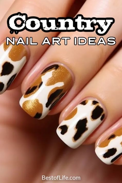 Country western nail designs are perfect for a night at the rodeo or when you just want to give cowgirl vibes. Western Nail Art | Cowboy Nail Art Ideas | Cow Print Nail Art Tutorials | Rodeo Nail Tutorial | Rodeo Nail Art Ideas | Country Style Nail Tutorials | DIY Nail Art Ideas | Western Nail Art Inspiration | Rodeo Aesthetic Ideas via @thebestoflife Texas Nail Art, Farm Animal Nails Designs, Cowboy Nail Art, Nashville Nails Country, Nail Designs Western, Rodeo Nails Designs, Rodeo Nails Westerns, Western Themed Nails, Country Nails Design