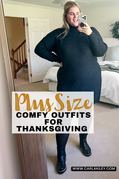 Blonde woman wearing a black plus size sweater dress and black tights in her bedroom Thanksgiving Plus Size Outfit, Plus Thanksgiving Outfit Women, Thanksgiving Outfit 2023 Plus Size, Casual Thanksgiving Outfits Plus Size, Casual Plus Size Fall Outfits, Dressy Casual Outfits Plus Size, Curvy Thanksgiving Outfit, Plus Size Thanksgiving Outfit Ideas 2023, Plus Size Fall Outfit Ideas Big Stomach