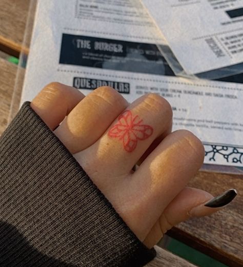 Red Butterfly Tattoo Finger, Half Butterfly Finger Tattoo, Red Neck Butterfly Tattoo, Red Half Butterfly Tattoo, Butterfly Finger Tattoo, Small Pink Butterfly Tattoo, Middle Finger Tattoos, Finger Tattoo, Red Ink Tattoos